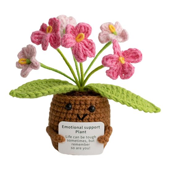 Heklet potteplante med positivt kort Emosjonell støtte Håndlaget strikket potteplante Dukke Stressreduserende leketøy Skrivebordsdekorasjon Ornament
