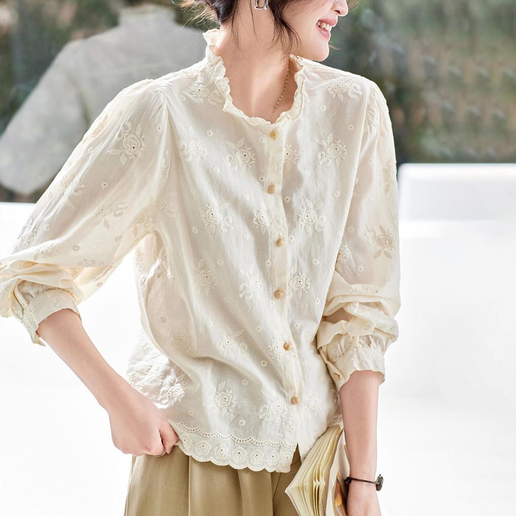 Women's Elegant Apricot Embroidered Cotton Long Sleeve Shirt with Wood Ear Collar - 2026 Spring Collection