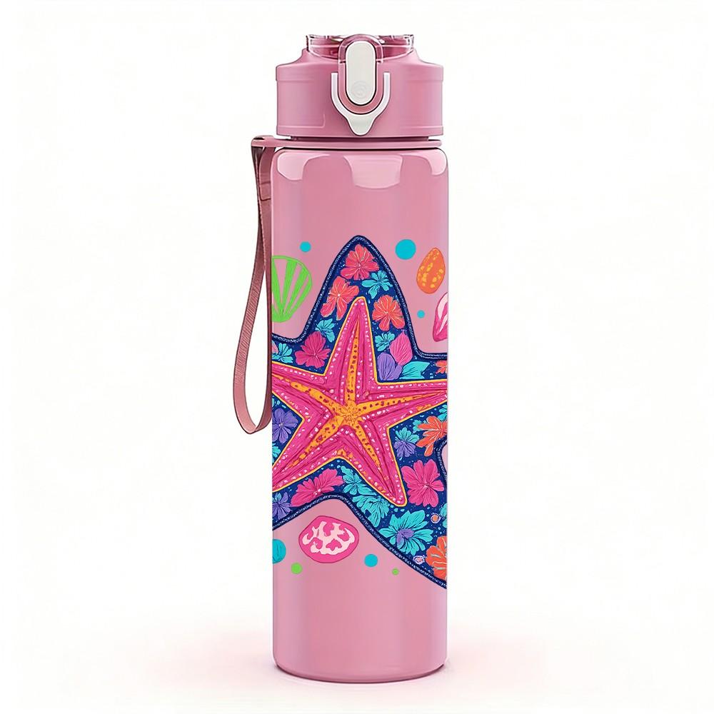 1PC Colorful Pattern Starfish 750ml Color Plastic Sports Water Bottle Leakproof Flip Straw Lid Suitable for Sports Office Home Use