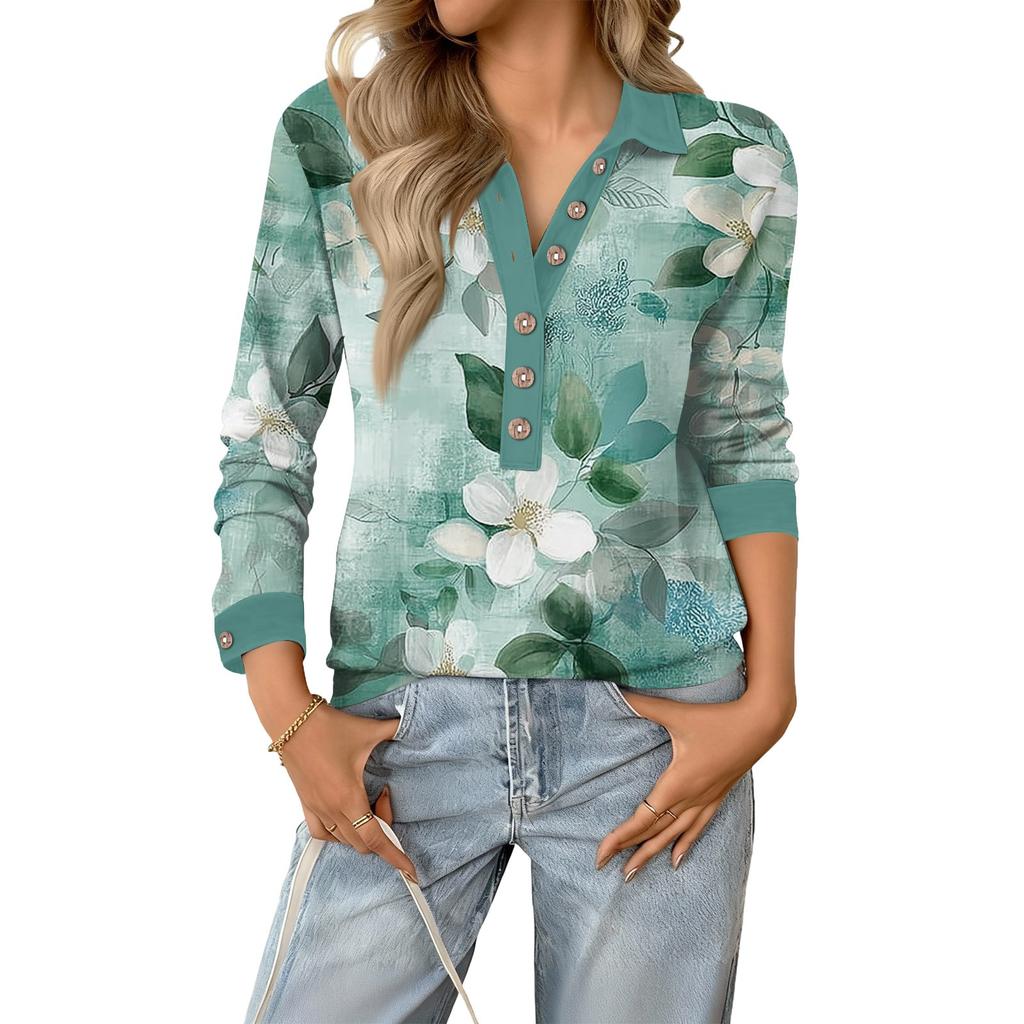 Women's Retro Street Lazy V,neck Long Sleeve Button Floral Print Pullover Top