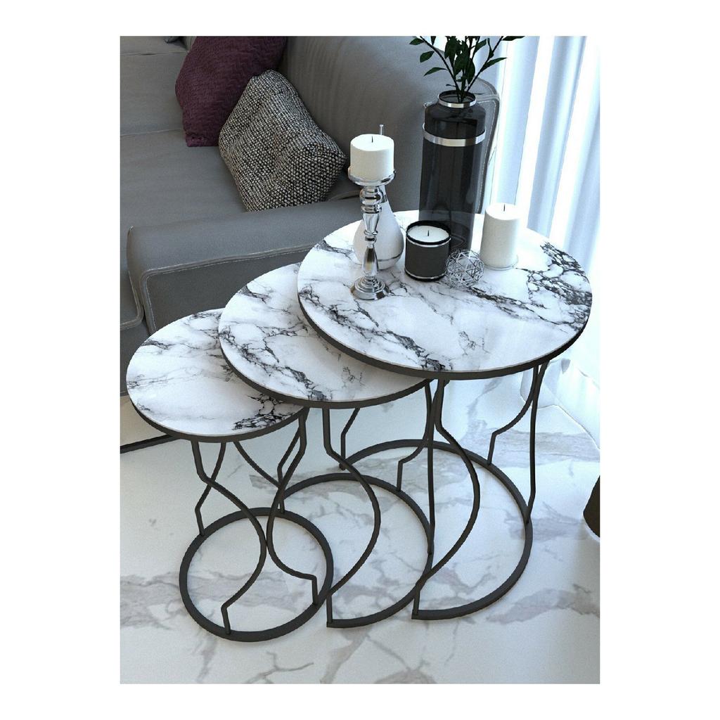 Dream Model Gold Metal Nesting Coffee Table Tempered Unbreakable Black-yellow Marble Pattern Glass
