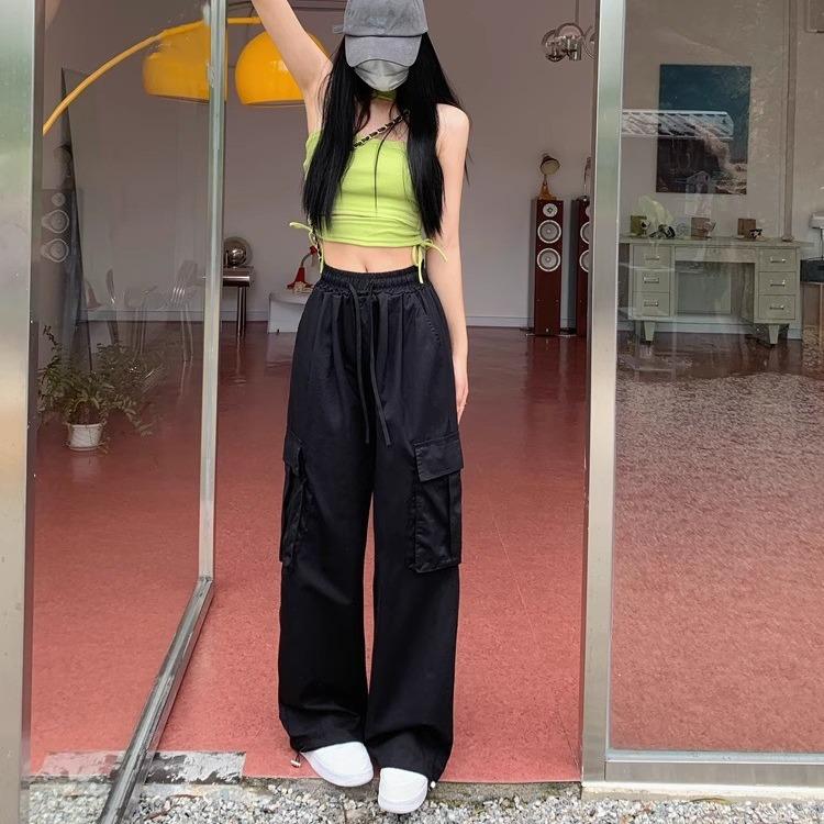 

High-Waisted Slimming Drawstring Cargo Pants - Women s Trendy Straight-Leg Wide-Leg for Autumn 2025 Spring/Summer XXL (up to 150 lbs)