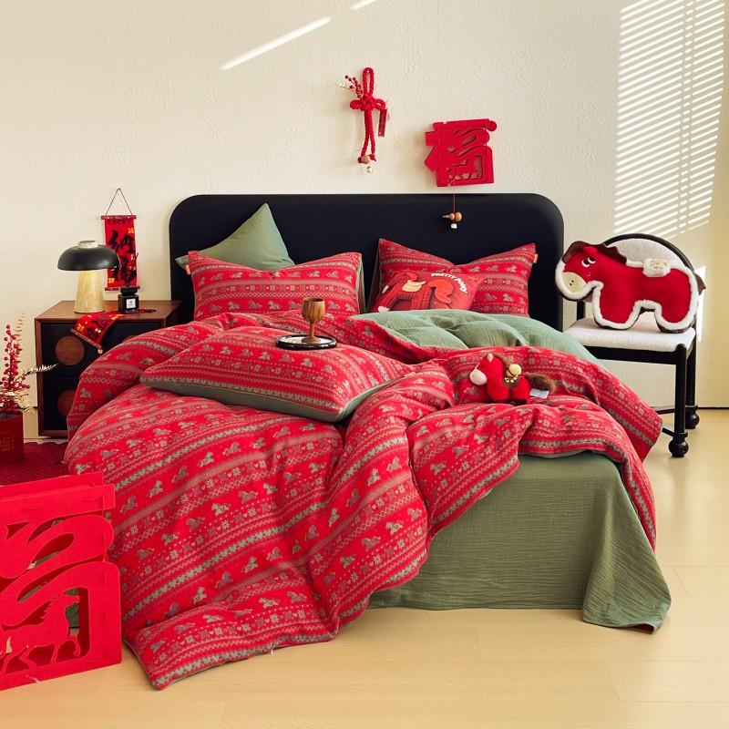 High-Quality Cotton Woven Jacquard Bedding Set Red Horse 4-Piece