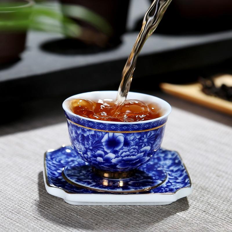 Vintage Master Cup, 1 Blue and White Porcelain Teacup, Small Tea Bowl, Ceramic Kung Fu Set, Gold Edged Tea Bowl, Single Cup