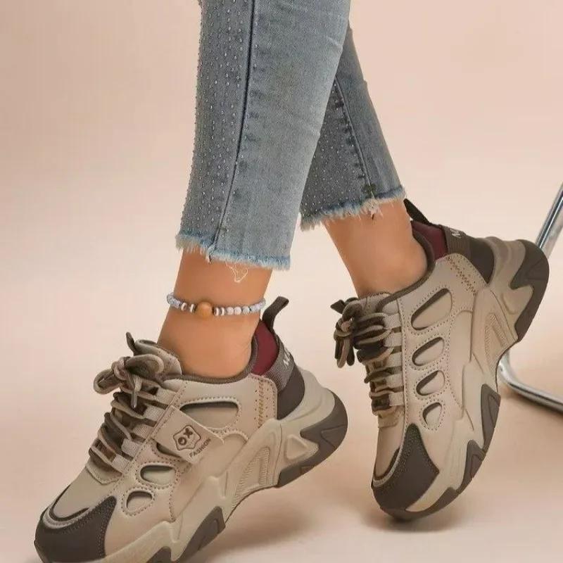 2025 New PU Versatile Women's Vulcanized Sneakers Mixed Color Lace Up Breathable Outdoor Comfortable & Hot Sale Casual Shoes