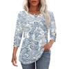 Women's Casual Loose Fit Top Round Neck Three Quarter Sleeve Blouse Button Detail Lightweight Fabric Relaxed Fit