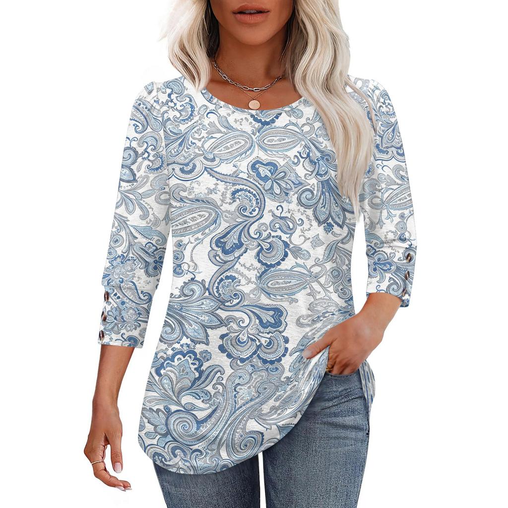 Women's Casual Loose Fit Top Round Neck Three Quarter Sleeve Blouse Button Detail Lightweight Fabric Relaxed Fit
