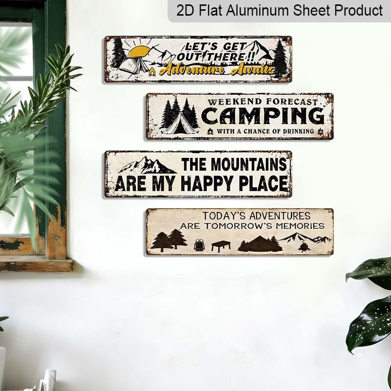 2D Flach 4 Paar/Set Retro Outdoor Camping Thema Langes Aluminium Dekoschild, Wochenendvorhersage Camping Abenteuer wartet Dekoratives Metall