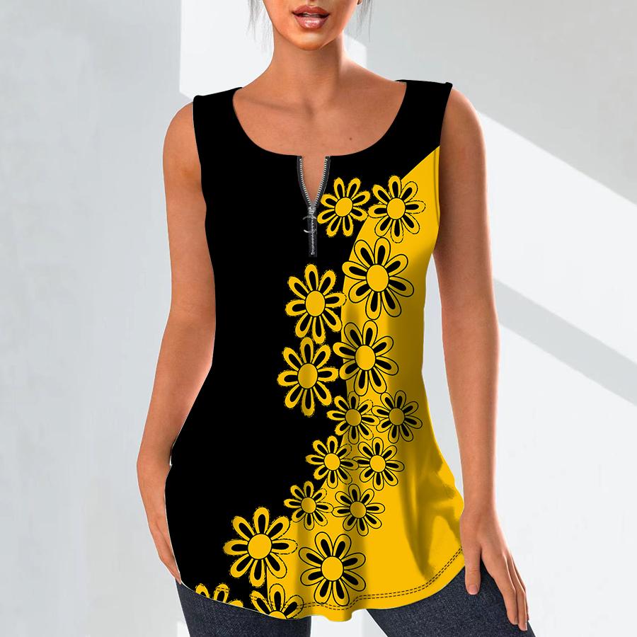 Women's Fashion V Neck Shirts Casual Tops T-shirt Ladies 3D Graffiti Flowers Print Vest Plus Size Sleeveless Blouse Tank Tops