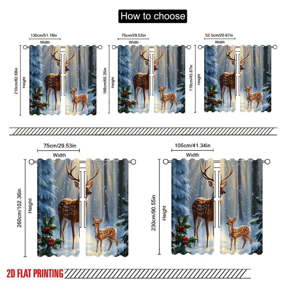 2pcs,2D Plane Printing Print Curtains Deer Family Winter Forest (3) Versatile Polyester Fabric (without Rod) Outdoor Decorations