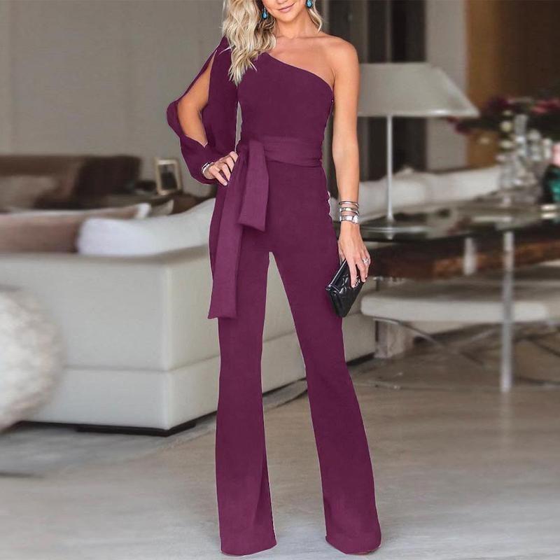 Waist Women Tied Flared Jumpsuits Fashion One Shoulder Sexy Rompers Jumpsuits
