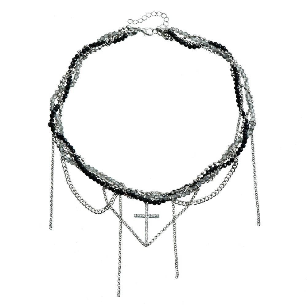 

Черные бусины, кулон-крест, ожерелье, хрустальные кисточки, цепочка для ключицы, повседневная носка A cross