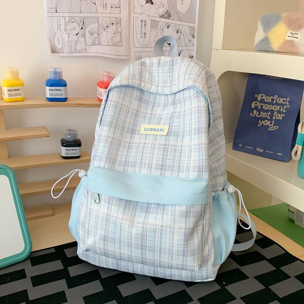 School bag: summer scorching mint soda, light blue checkered soft girl exclusive small backpack, campus sweet style student backpack