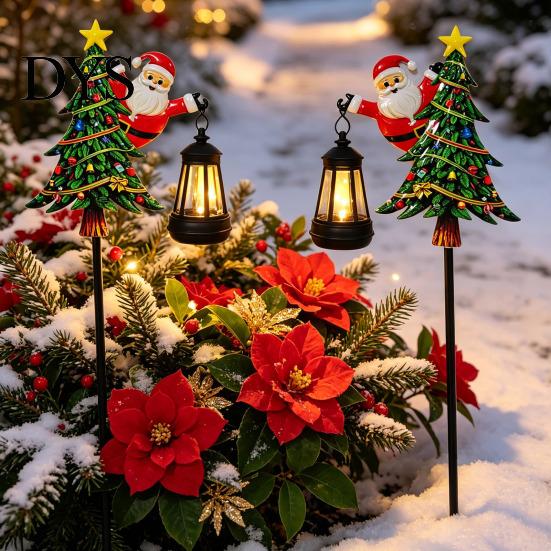 Wireless Pathway Solar Lights 2Pcs Santa Garden Stake Lights, Christmas Lawn Holiday Gifts for Lovers Decor with Metal Lantern, Waterproof Outdoor