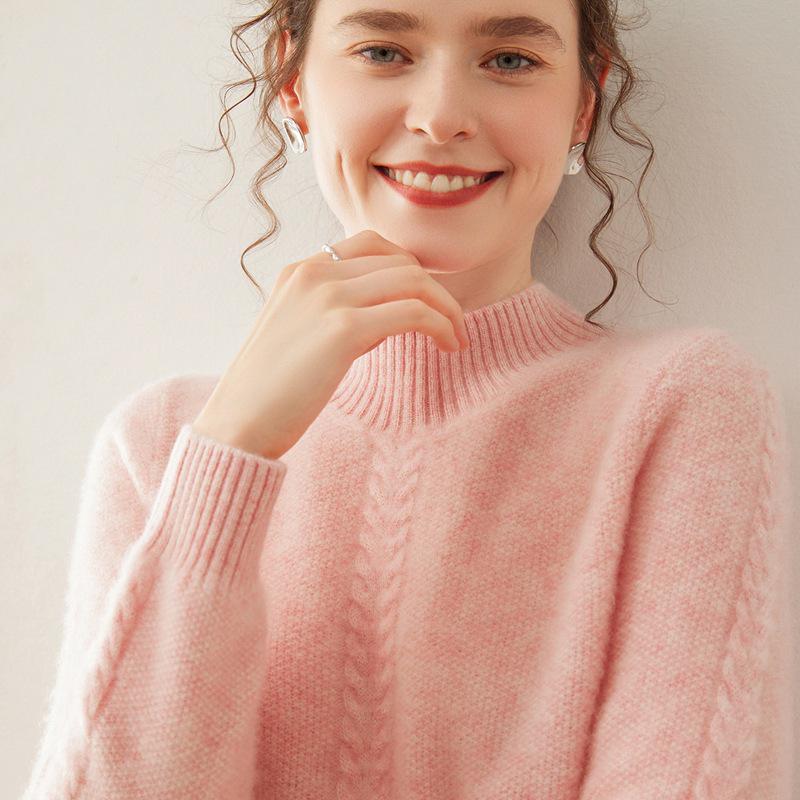 Women's Jacquard Knit Cashmere Sweater - Loose Fit, Half-High Neck, Autumn/Winter Fashion