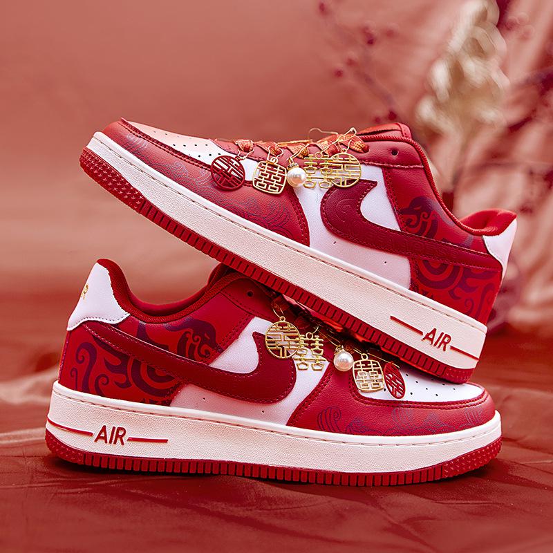 AJ1 Wedding Shoes: Bridal and Groom Flat-Soled Sneakers - Red, Dual-Function for Wedding Dress or Casual Wear.