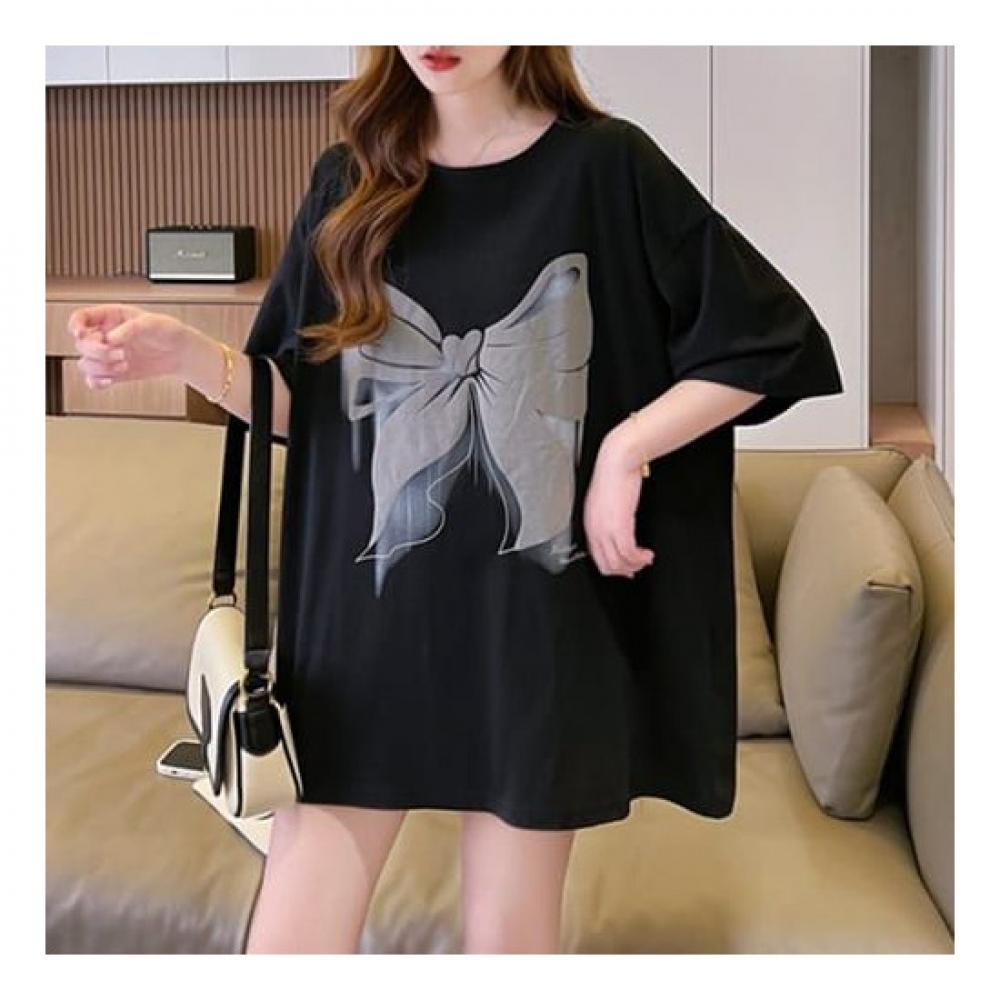 Navava Loose FiT Ribbon PrinT ShorT Sleeve Round Neck T shirT nT1839