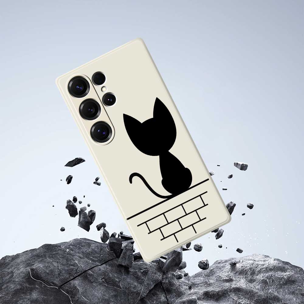 For Samsung Galaxy S25 Ultra Case Black Cat On the Wall Pattern Printing Straight Edge TPU Phone Back Cover
