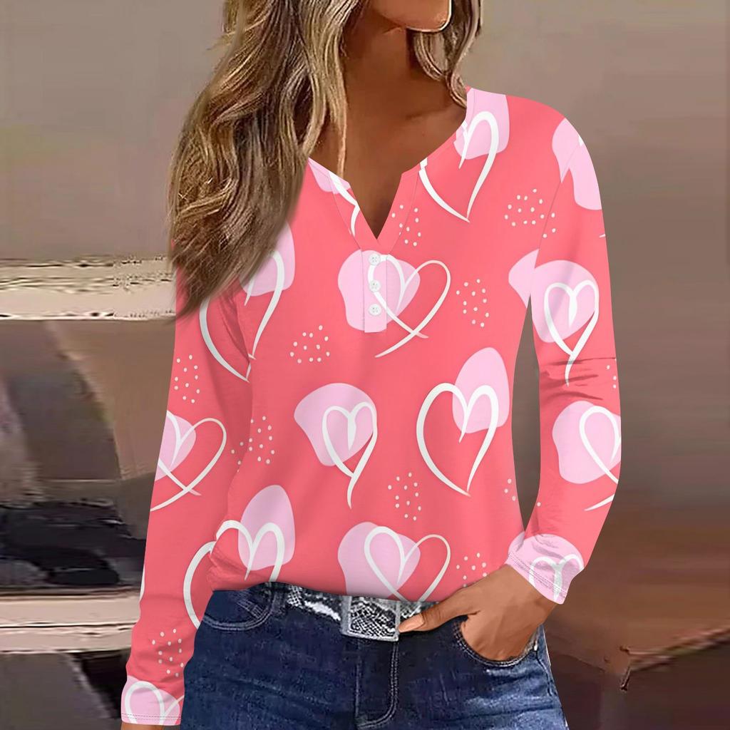 Damenmode Lässig Valentinstag Bedruckt V-Ausschnitt Langarm Knopfleiste T-Shirt Top