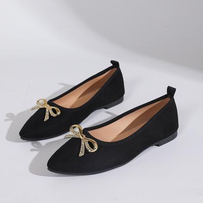 2025 Large Size Women's Shoes Flat Bottom Shallow Mouth Ladyshoes 2025 New Pointed Casual Rhinestone Bow Shoes