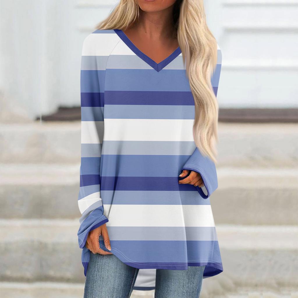 Women's  And Winter Long Sleeved V-neck Printing Casual Long Loose T-shirt Top