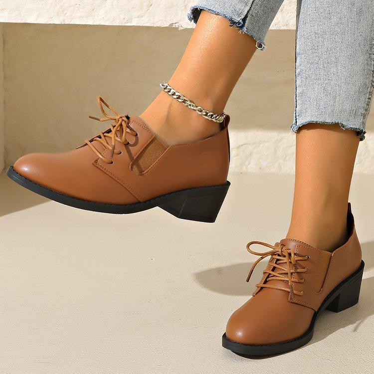 Large Size Uniform Leather Shoes Women's Spring New Front Lace-up Thick Heel Suit Versatile Small Leather Shoes Women