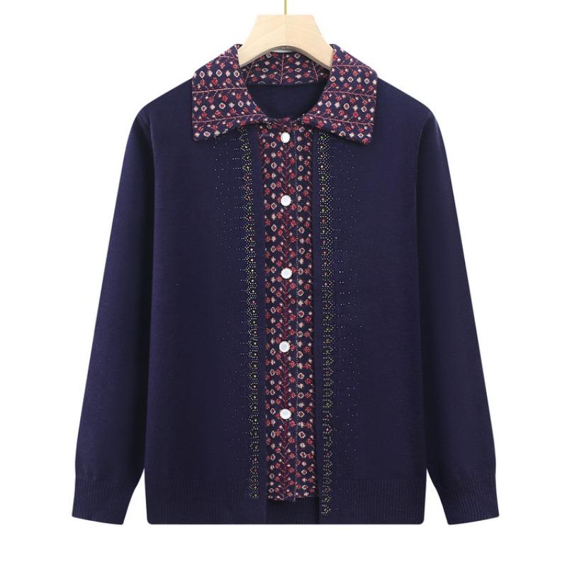 

Мамин осенний новый трикотажный свитер с длинным рукавом, бабушкин повседневный кардиган с лацканами, осенняя куртка-свитер для среднего и пожилого возраста 5XL (recommended 150-82.5kg) синий