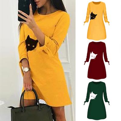 Women Fashion Printed Cat  Bow  Long Sleeve Blouse  Dress