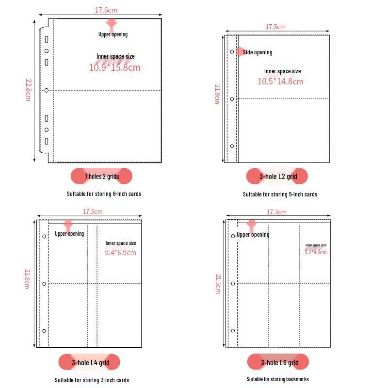 A5 7-Hole Compact Card Holder Pages, Universal 2/3/6-Hole, Single-Sided Non-Slip, PP Four-Grid Layout.