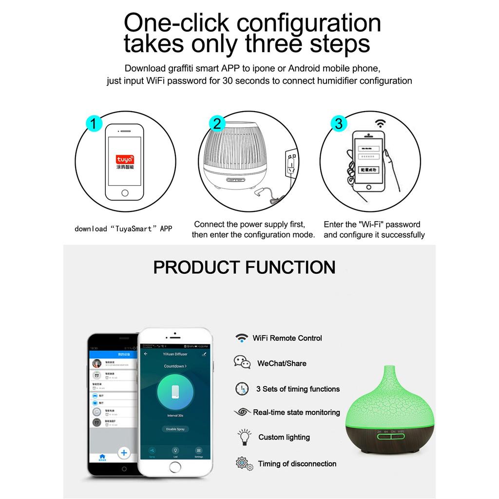 Smart WiFi Essential Oil Diffuser Air Humidifier Works with Alexa Google Home US Plug Deep Wood