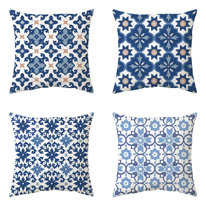 Blue Theme Simple Pattern Printed Pillow Cover Home Decor Geometric Mandala Sofa Cushion