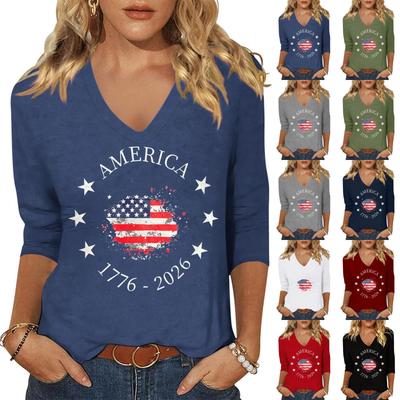 Womens Casual V Neck Top 1776 2026 America Independence Day Graphic Print Long Sleeve Shirt Lightweight Soft Fabric