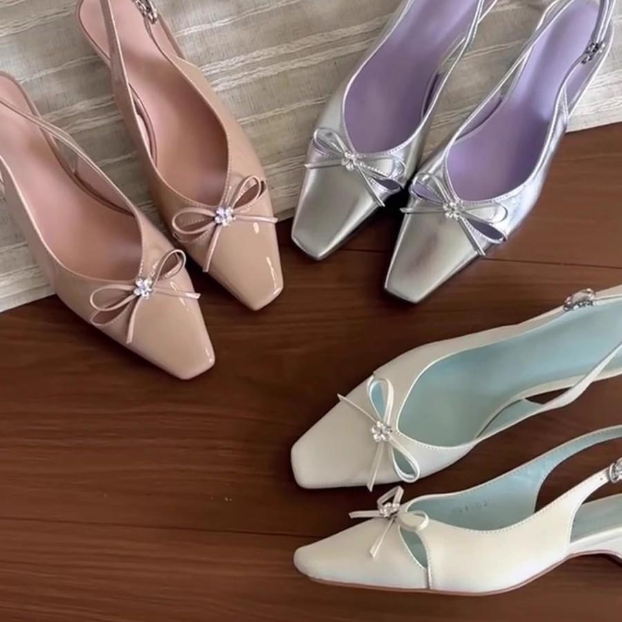 Sheepskin version~ French rhinestone bow hollowed out gentle wind bag head sandals back strap temperament thick heel single shoes women