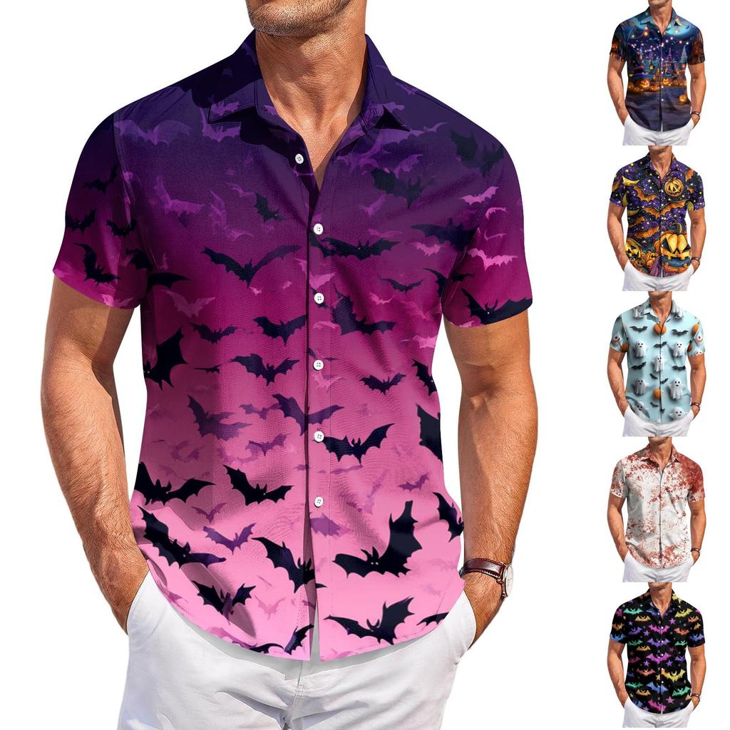 Herren Freizeit Kurzarm Hemd mit Knöpfen Halloween Motiv Fledermausmuster Leichtes Sommerhemd für Strand und Outdoor