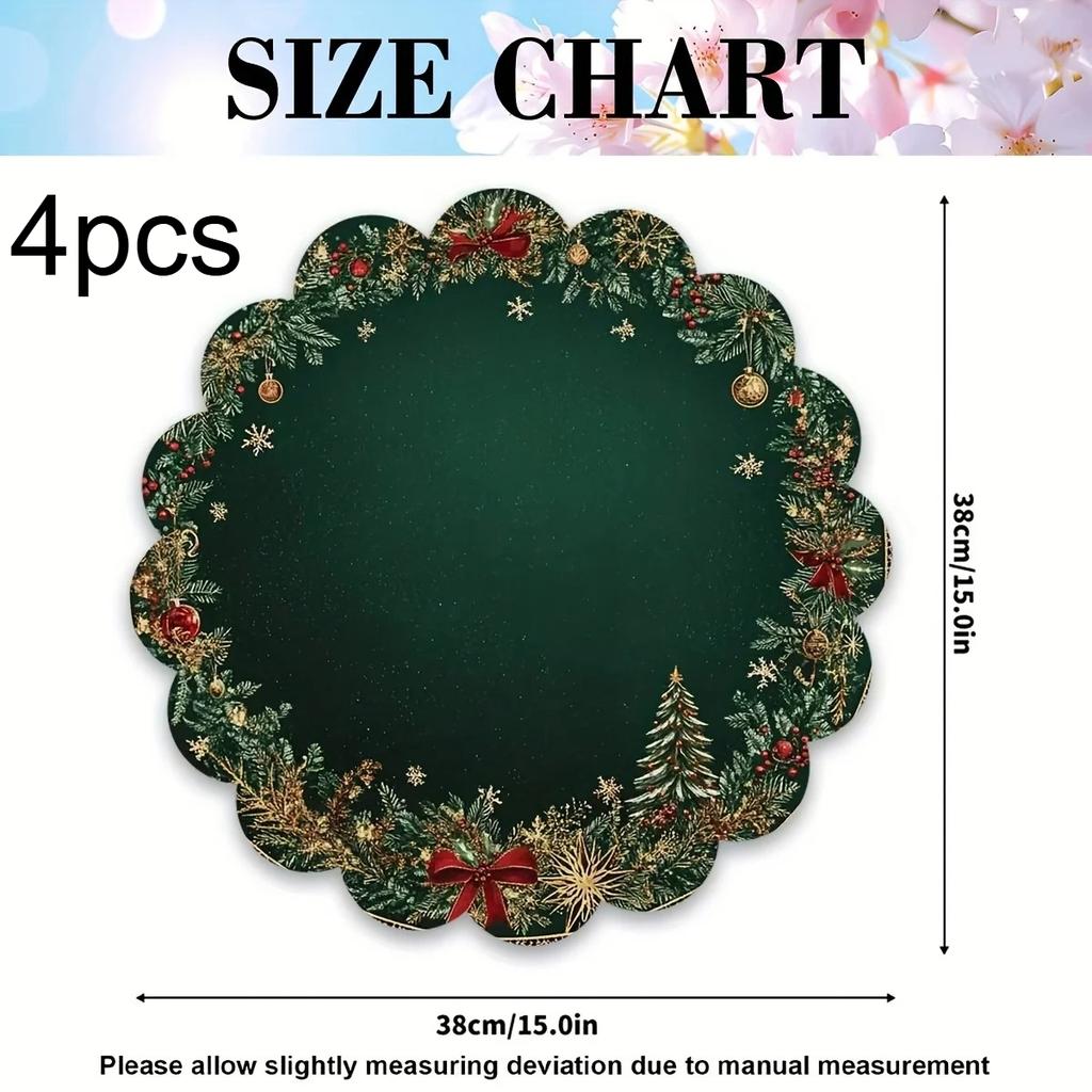 4/6PCS Round Christmas Placemats 38cm – Emerald Green & Gold Pattern Table Mats for Dining Table & Holiday Decor