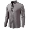Men's Long Sleeve Henley Shirts Vintage Stand Collar Pullover Tops Casual Tee Shirt with Drawstring Comfortable Athletic Workout T-Shirts for Men