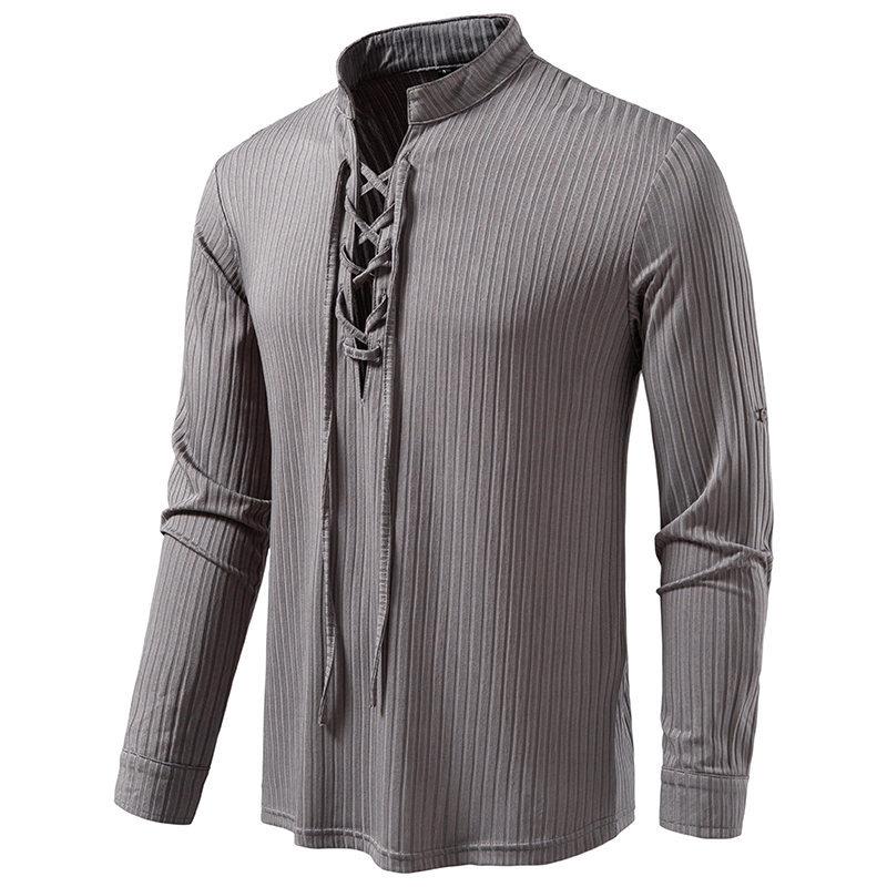 Men's Long Sleeve Henley Shirts Vintage Stand Collar Pullover Tops Casual Tee Shirt with Drawstring Comfortable Athletic Workout T-Shirts for Men
