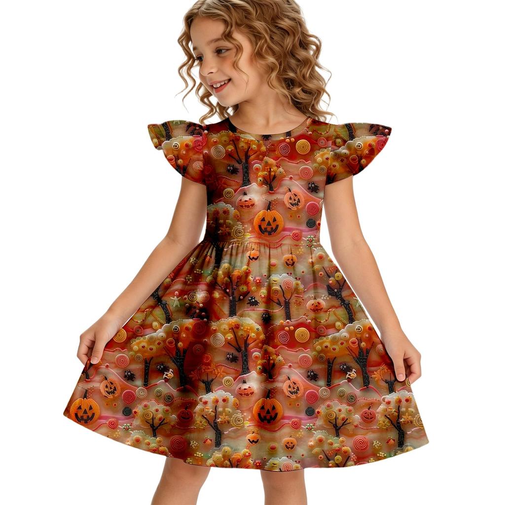 Girls Halloween Casual Round Neck Dress Ruffle Cap Sleeves A-Line Skater Dress Soft Comfortable Fabric Suitable for Daily Wear