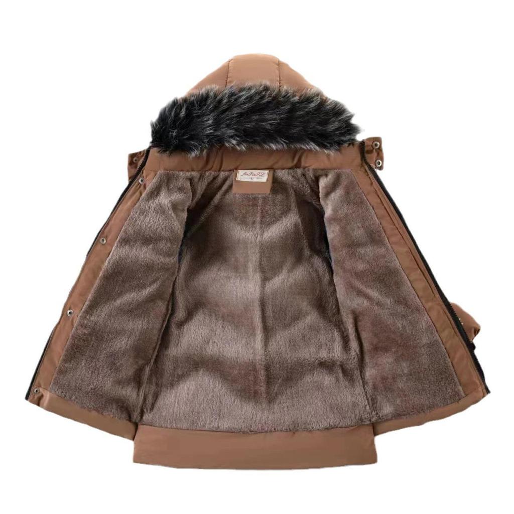 Boys' Winter 2024 Mid-Length Cotton Coat: Korean Style, Thickened, Fleece-Lined, Big Fur Collar, for Small and Medium Children.