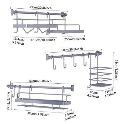 Modern Wall-Mounted Kitchen Storage Rack with Hooks and Rail