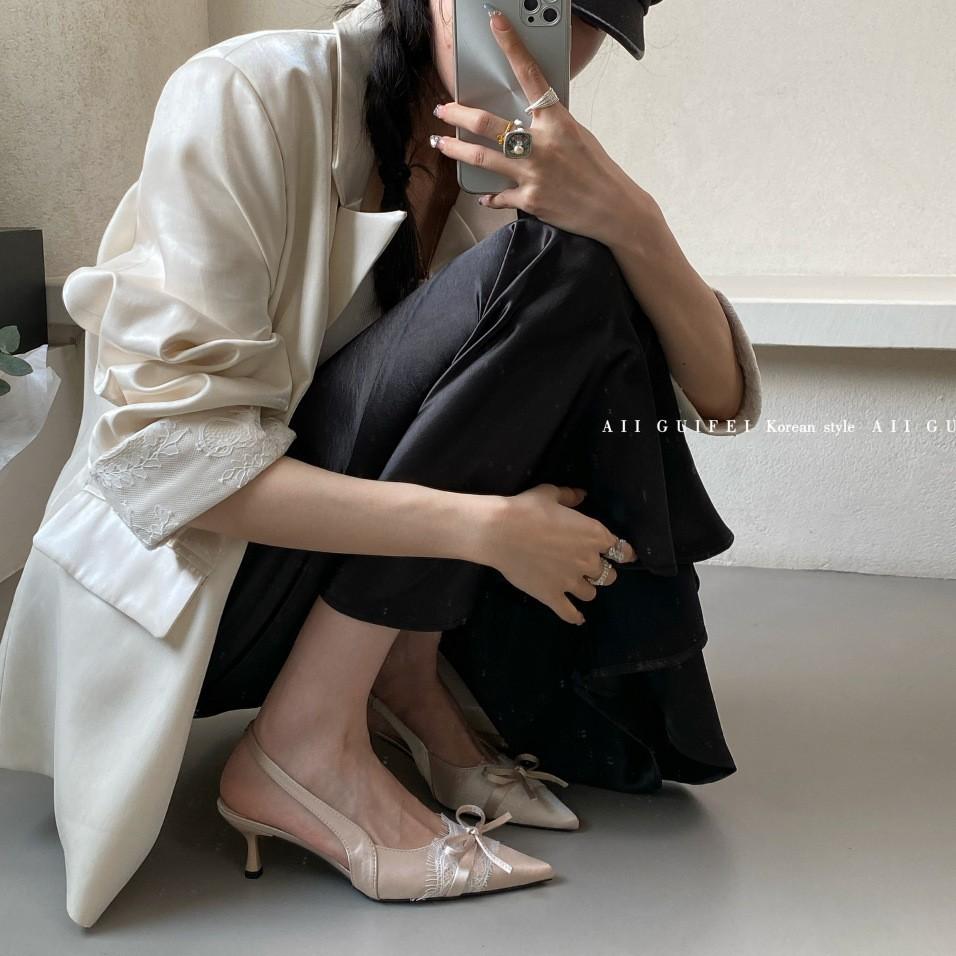 Back strap bag head high-heeled sandals women's 2025 new spring and summer French pointed head bow temperament stiletto shoes