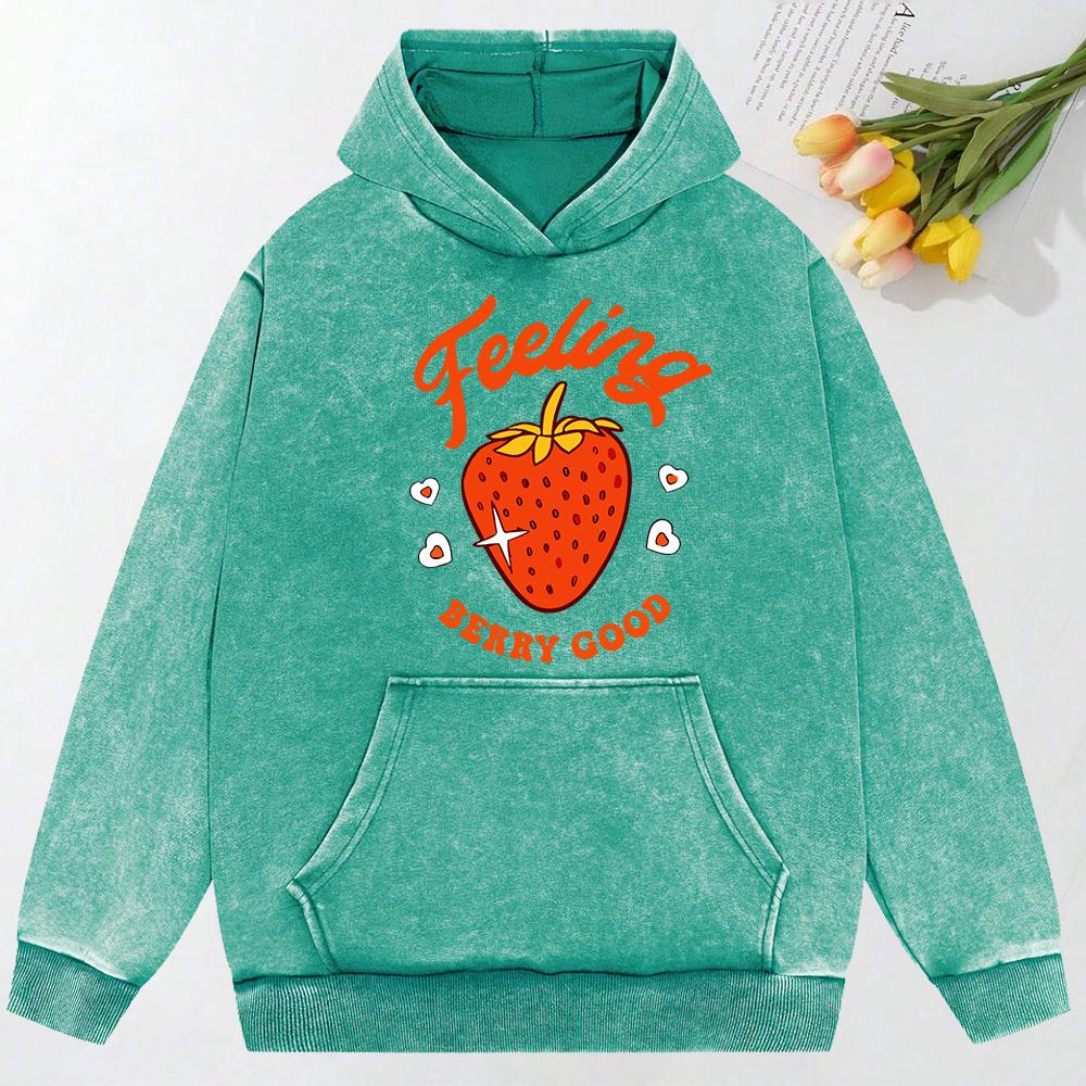 Feeling Berry Good Strawberry Print Washed Women Hoodies Cartoon Hoody Loose Top Cotton Multicolor Pullover