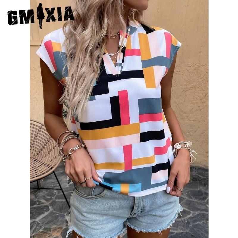 GMXIA Women's Fashion Casual Short Sleeve V Neck Blouses & Shirts