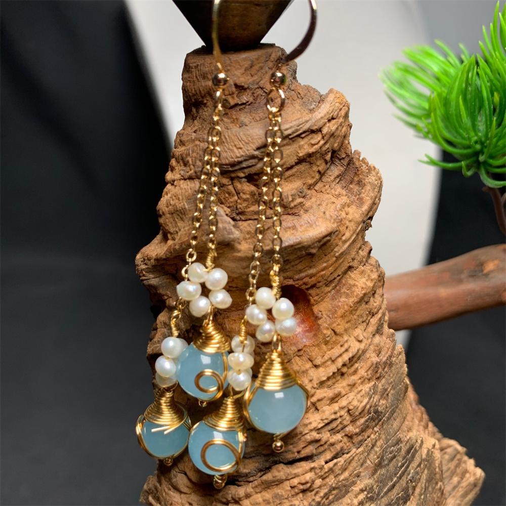 Charm Blue Jade Pearl Flower Tassel Dangle Earrings 14K Gold Vintage Chinese Stone Jade Earrings for Women Trendy Gift Jewelry