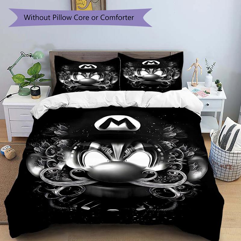 

3 шт. Черно-белый комплект стеганых одеял с принтом Марио - Мягкий и удобный пододеяльник для спальни, гостевой комнаты и общежития Декоративное постельное белье S 135x200cm