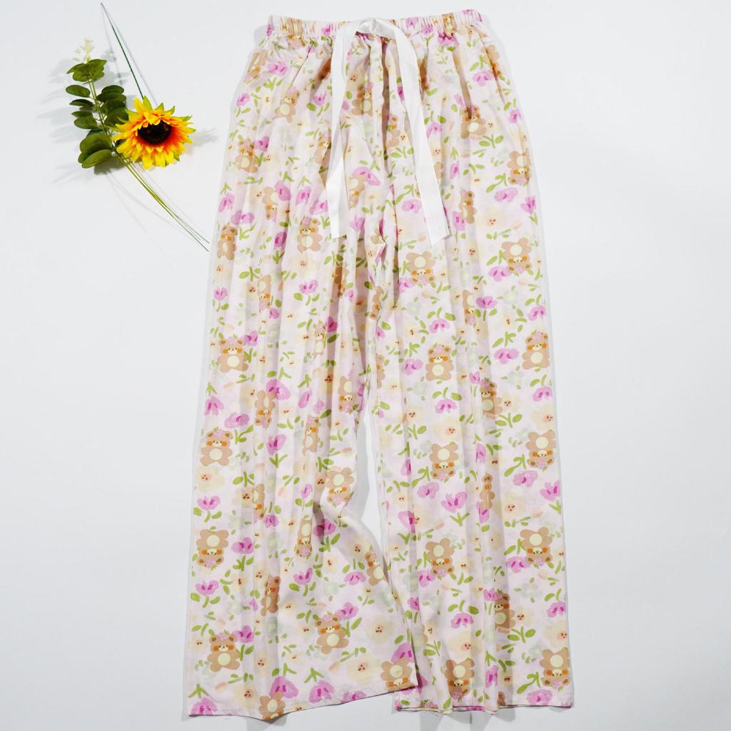 Women's Summer Cotton Silk Nine-Point Wide-Leg Pajama Pants - Plus Size, Loose, Breathable, Cooling, Ideal for Beach and Air Conditioning Comfort