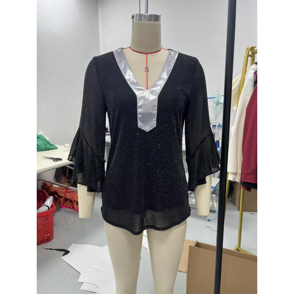 2026 Spring Summer Sequined Crew Neck Blouse Top, Hot Popular Casual Shirt for Women, Europe America Style