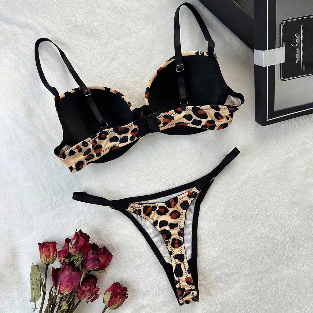 Lingerie sexy europea e americana set reggiseno e perizoma stampa leopardo set intimo comodo push-up