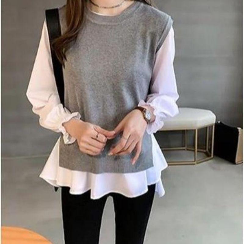 

College-Style Knitted Loose Long-Sleeve Shirt for Plump Girls Grey vest + white shirt XXXL
