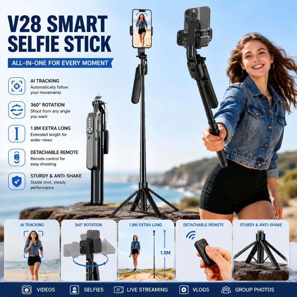 1.8M 360° AI Face Tracking Selfie Stick Tripod, Automatic Rotating Gimbal Phone Stand, Smart Follow Tripod for Vlog, Live Streaming, Video & Selfie